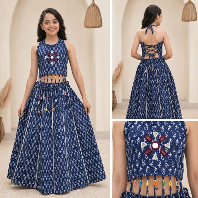 Navy Blue, White, multicolored accents Lehenga Choli