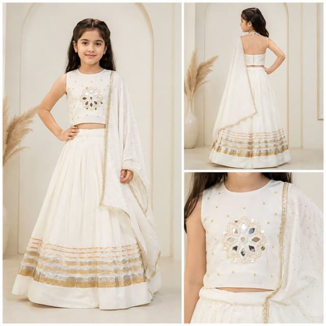 Off-white with Gold and Silver metallic accents Lehenga Choli