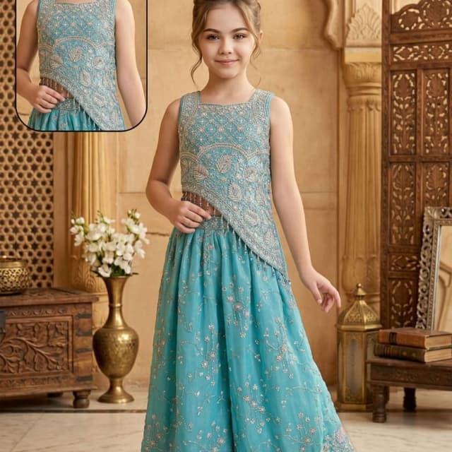 Turquoise blue with silver embroidery accents Lehenga Choli