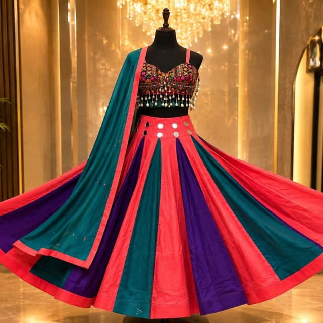 Multi-colored (Coral Pink, Deep Purple, Peacock Teal) Lehenga Choli