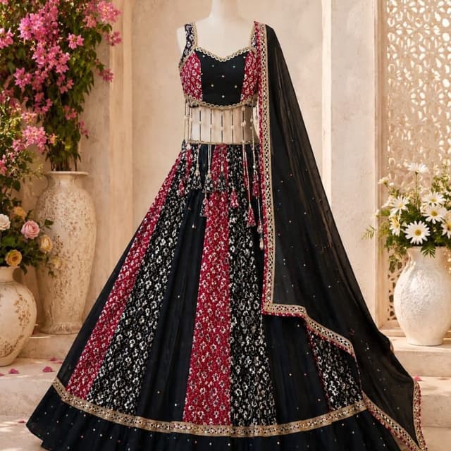 Black, Deep Red, White Lehenga Choli