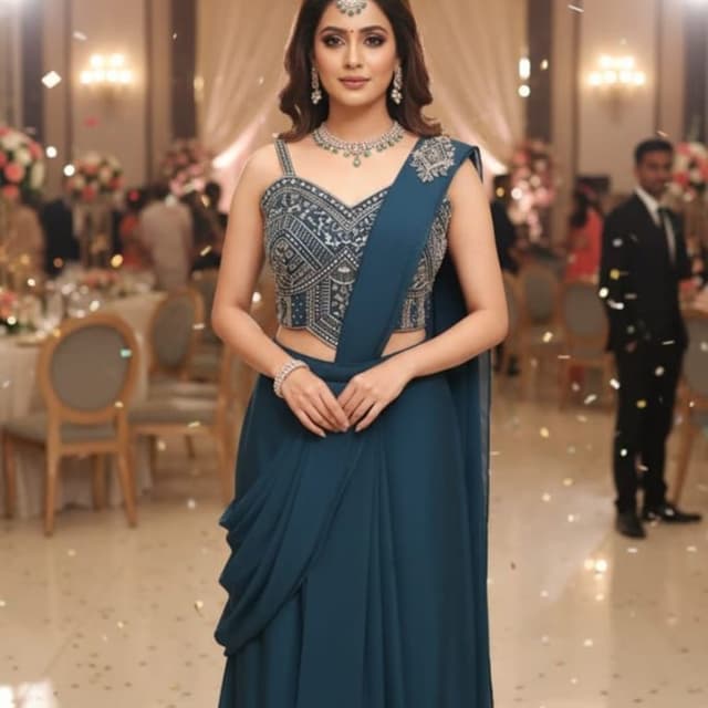 Deep Teal, Navy Blue Indo-Western Saree Gown