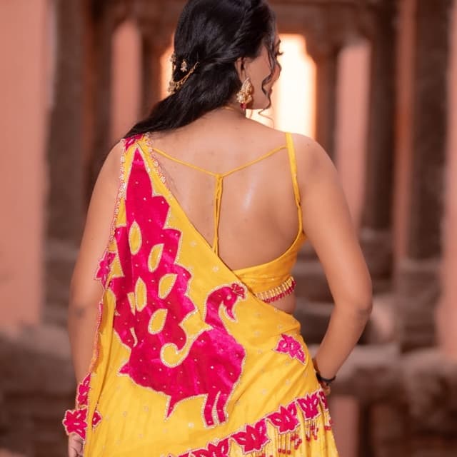 Bright yellow and vibrant fuchsia pink Lehenga Choli