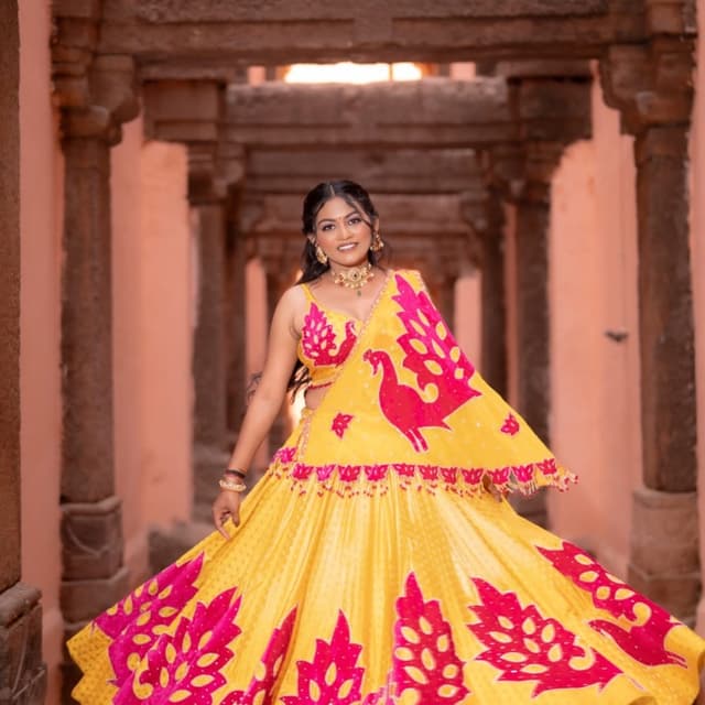Bright yellow and vibrant hot pink Lehenga Choli