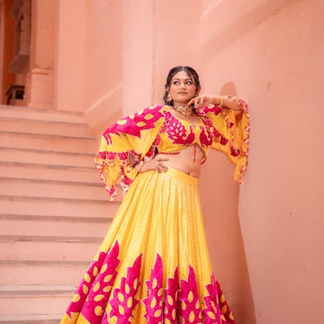 Yellow and Hot Pink Lehenga Choli
