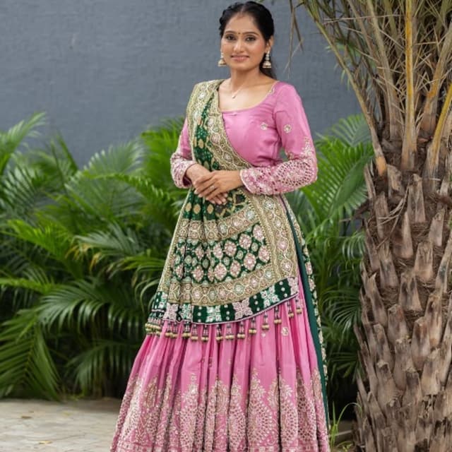 Pink, Dark Green, Gold Lehenga Choli