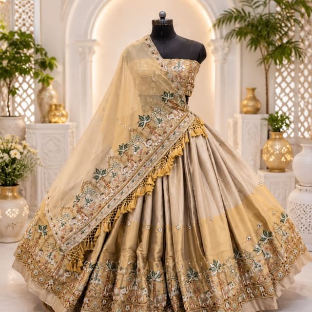 Beige, Gold, and Earthy Green tones Lehenga Choli