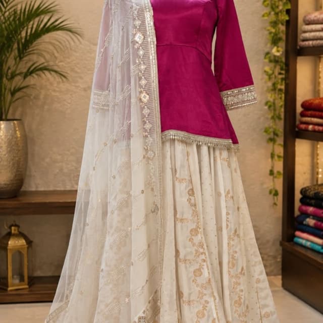 Magenta pink, Off-white, and Gold Lehenga Choli