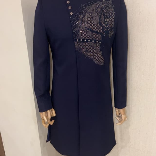 Navy Blue with metallic bronze/copper accents Indo-Western Sherwani or Bandhgala