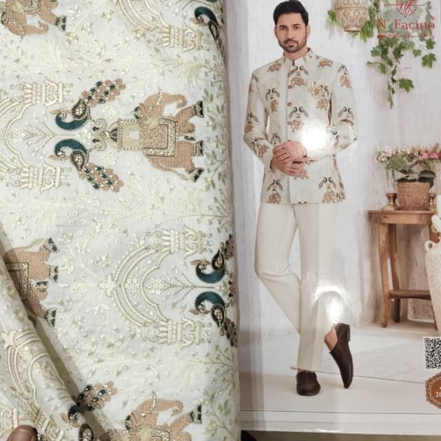 Off-white base with beige, gold, and deep teal accents Jodhpuri Suit
