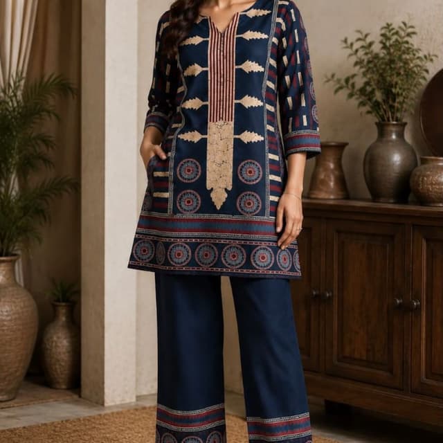 Navy Blue, Maroon, Beige, Gold Kurta Set with Palazzo