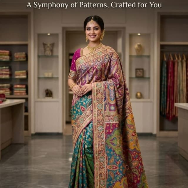 Magenta, Teal, Mustard Yellow, Gold, Multi-colored accents Saree