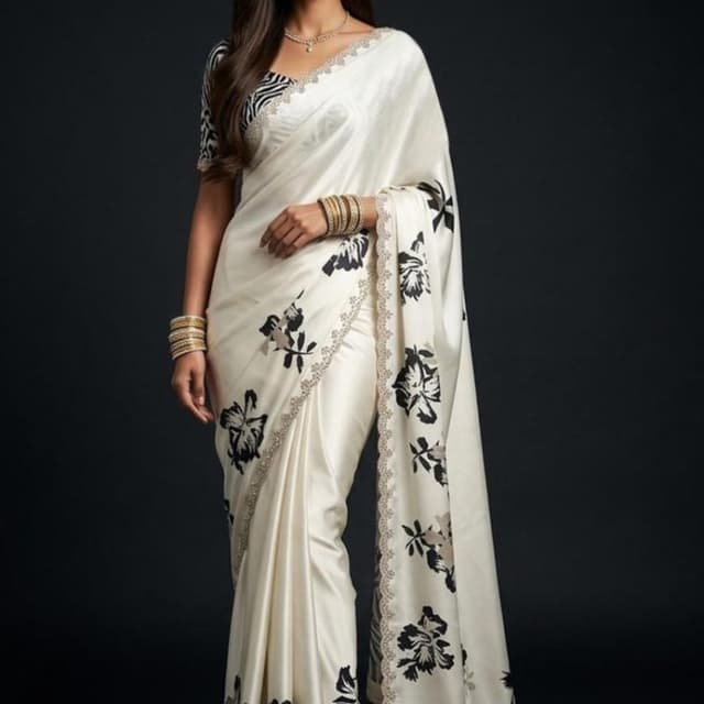 Off-white base, Black floral prints, metallic border trim Saree