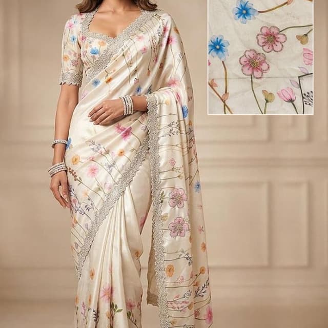 Off-white or cream base with pastel floral prints in pink, blue, and yellow Saree