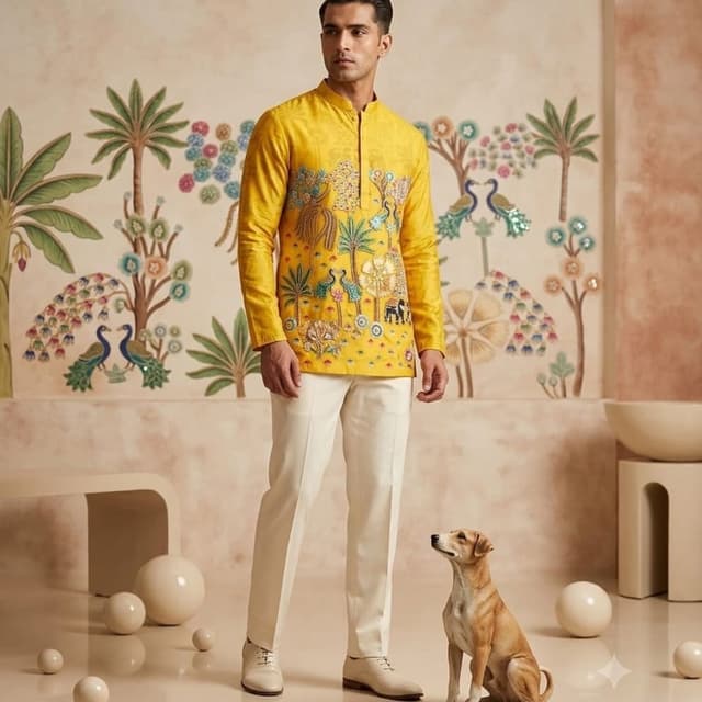 Bright yellow, cream, multicolor embroidery Kurta with Trousers