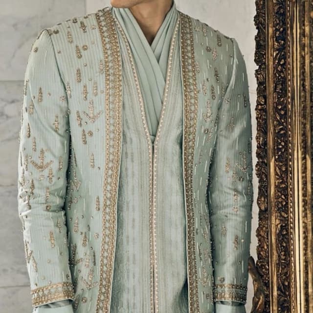 Sage green and gold Sherwani-style jacket with inner kurta