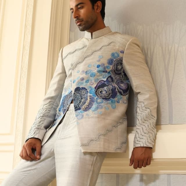 Off-white base with shades of light blue, cerulean, and deep navy blue accents Jodhpuri Jacket