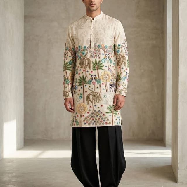 Beige base with multi-colored threadwork and black trousers Kurta with Dhoti-style trousers