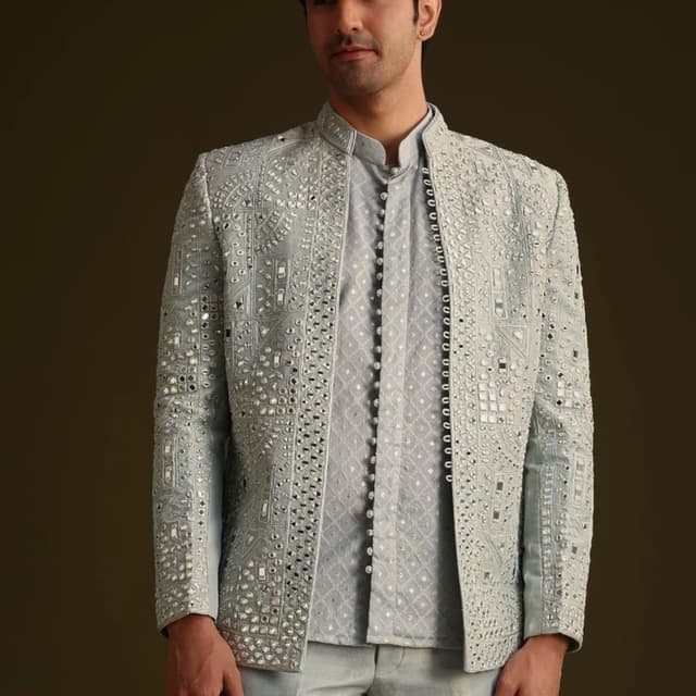 Powder blue, icy blue, monochromatic silver tones Indo-Western Jodhpuri Set