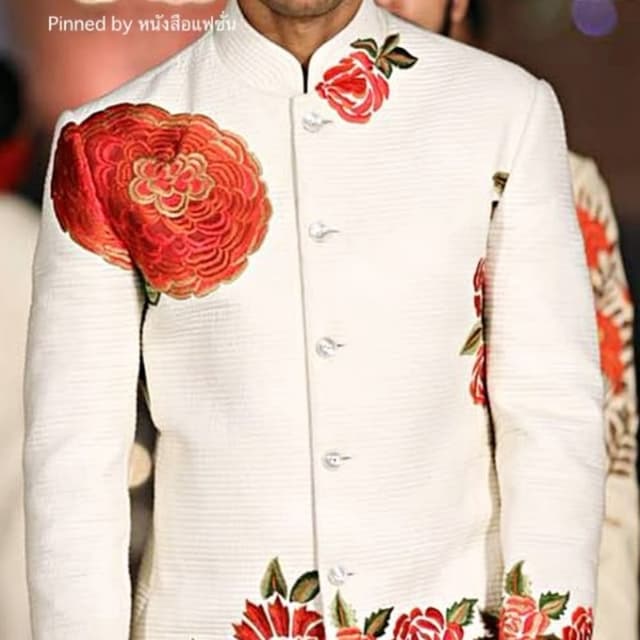 Off-white base with red, orange, and green floral accents Bandhgala or Jodhpuri Jacket