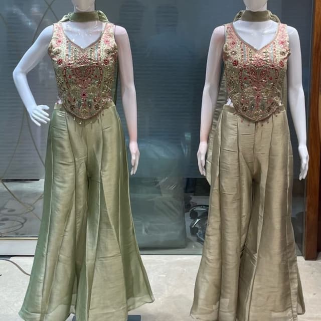 Olive green, muted gold, hints of coral and teal Sharara set with corset-style top