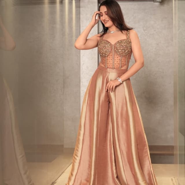 Rose gold, champagne, and muted metallic tones Co-ord Set (Corset-style top and wide-leg trousers)