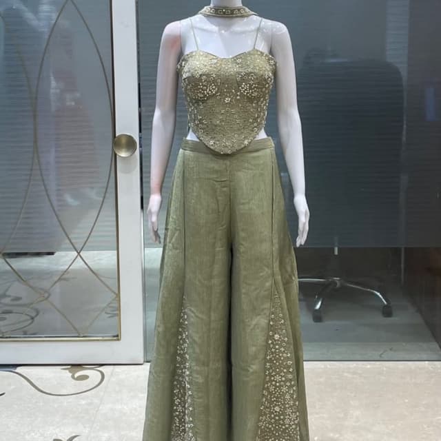 Sage Green, Olive Green Co-ord Set (Corset Top and Palazzo Pants)