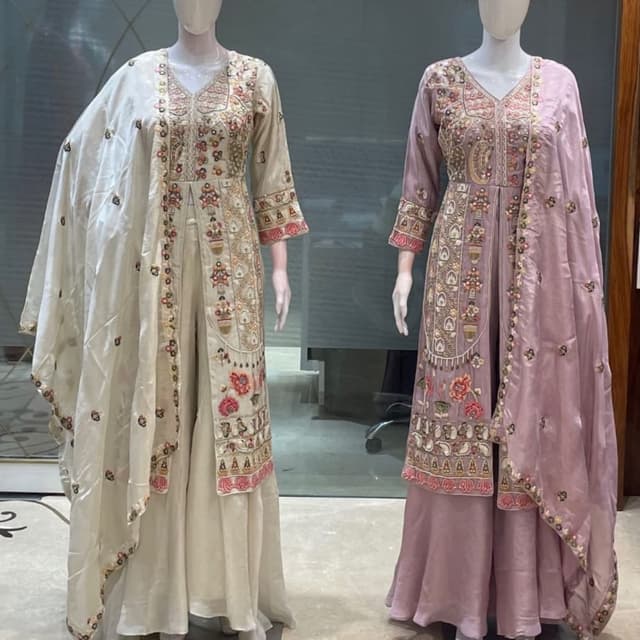 Off-white, cream, and soft lavender/mauve Kurti with palazzo and dupatta set