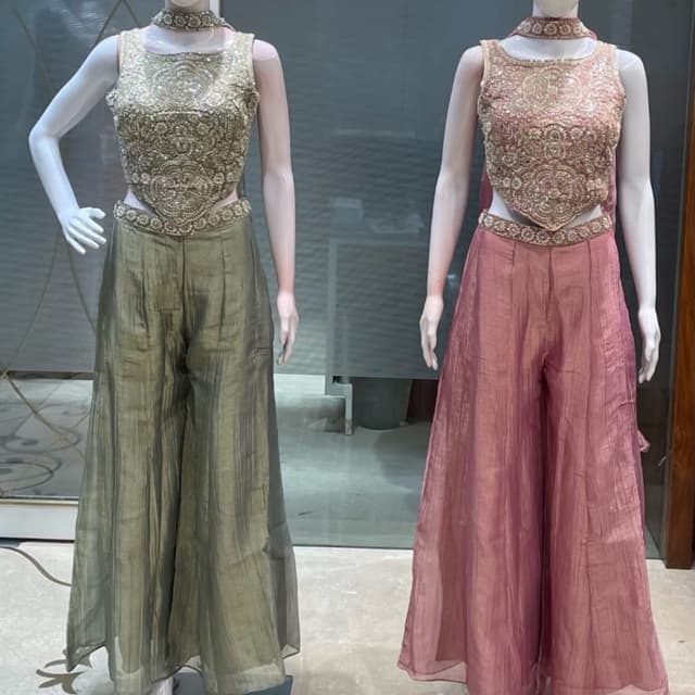 Olive Green and Muted Rose Pink Co-ord Set (Embellished Bodice with Wide-Leg Pants)