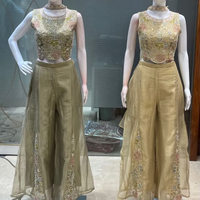 Olive green, muted gold, hints of blush pink Co-ord set (Embellished crop top and wide-leg trousers)
