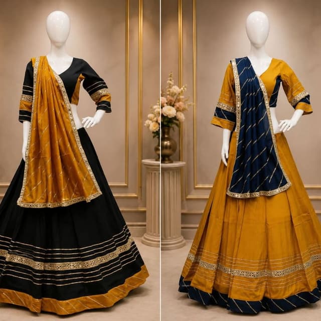 Mustard Yellow, Black, Gold Lehenga Choli