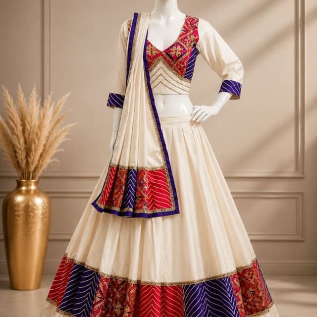 Off-white, Royal Blue, Crimson Red, Gold Lehenga Choli