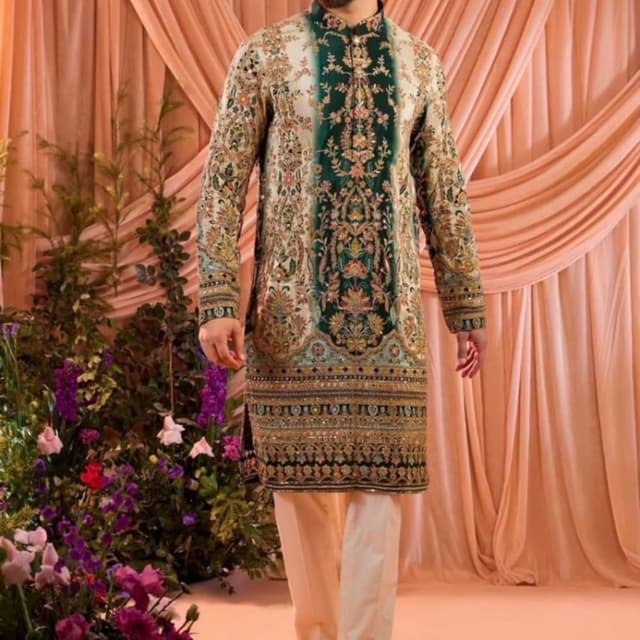 Emerald green, ivory, gold, and multi-colored floral accents Kurta Set