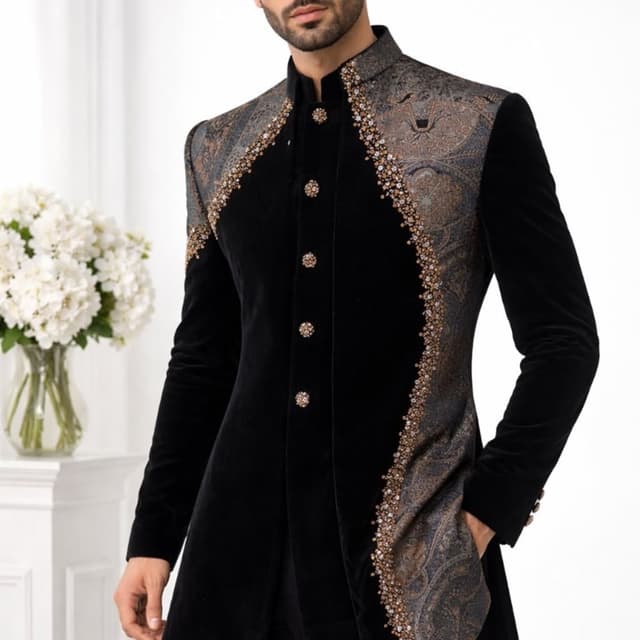 Black with accents of grey, bronze, and muted gold Jodhpuri Sherwani Jacket