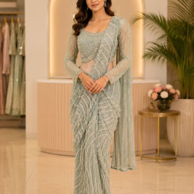Sage green, silvery-grey, pastel aqua Pre-draped Saree