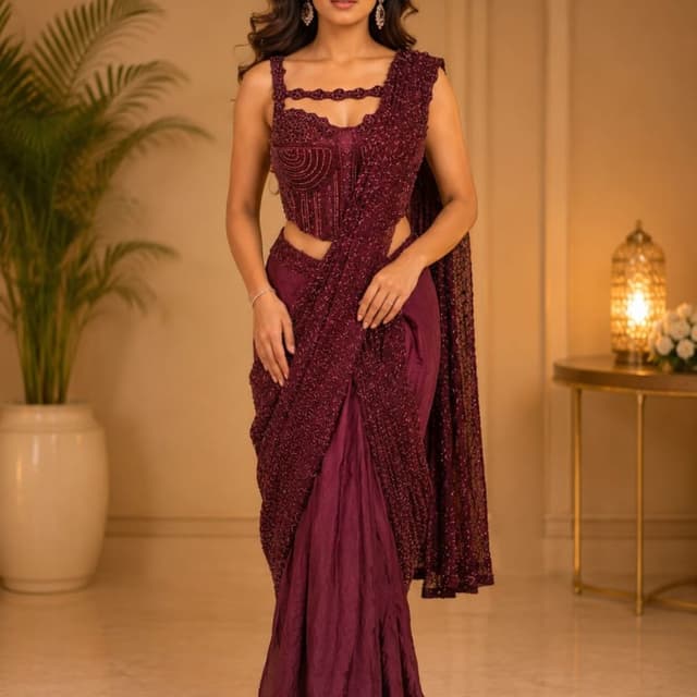 Monochromatic deep maroon or wine color Pre-draped Saree with corset-style blouse