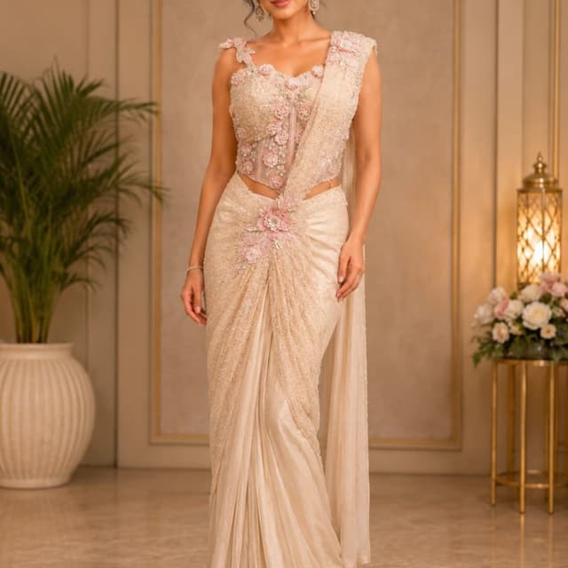Champagne gold and soft pastel pink Pre-draped Saree with Corset Blouse