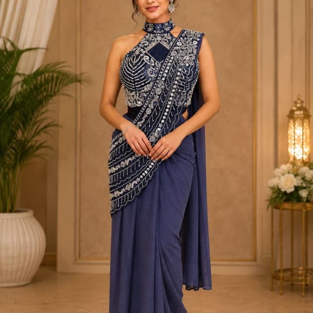 Navy Blue and Silver Saree with pre-stitched blouse