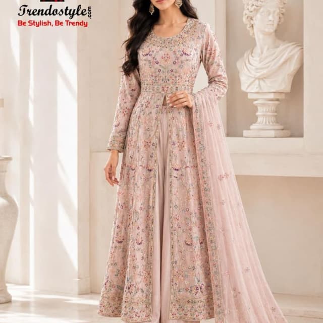 Dusty Rose, Blush Pink with multi-colored thread work Palazzo Suit with long front-slit Kurta