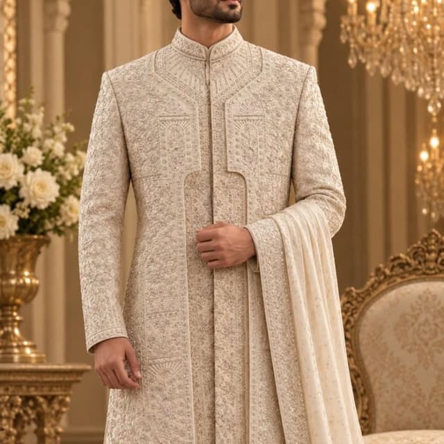 Off-white, cream, ivory, light gold Sherwani