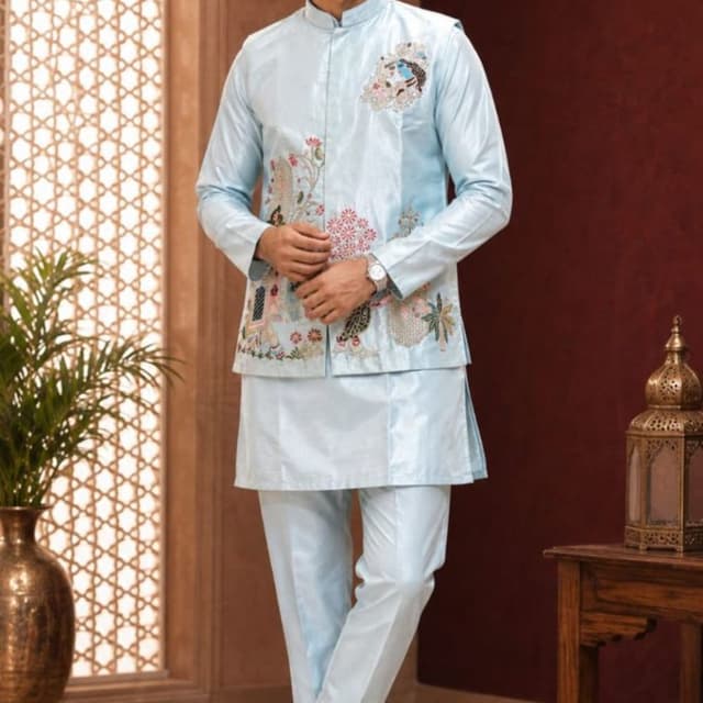 Powder blue base with multi-colored thread embroidery Kurta Set with Nehru Jacket
