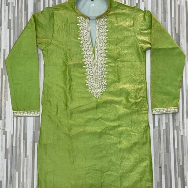 Lime green with a metallic sheen and off-white embroidery Kurta