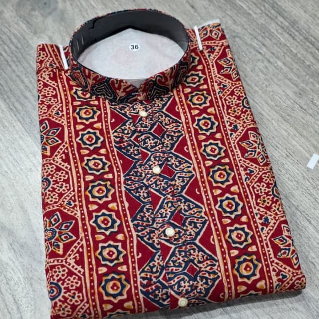Deep red, navy blue, and off-white/cream Kurta