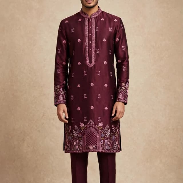 Deep Maroon or Burgundy base with lighter pink and mauve threadwork embroidery Kurta with Trousers