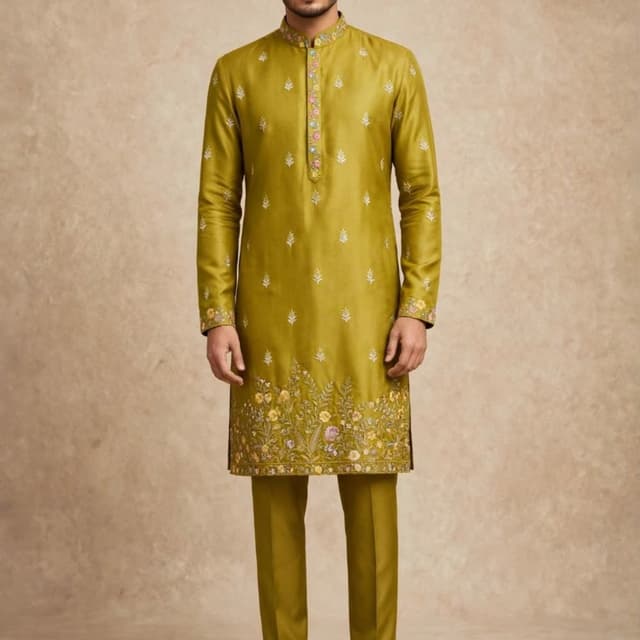 Olive Green with multi-colored floral embroidery Kurta Set