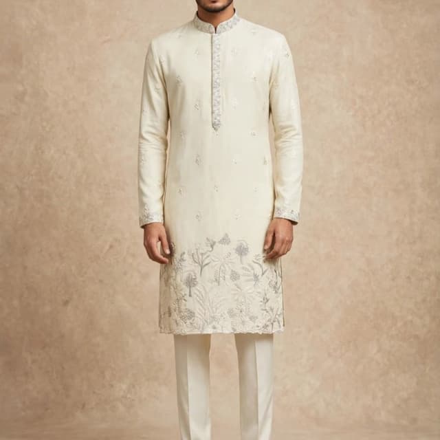 Off-white or cream with silver-grey embroidery Kurta Pyjama set