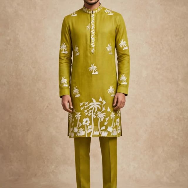 Olive green base with white embroidery Kurta with Trousers