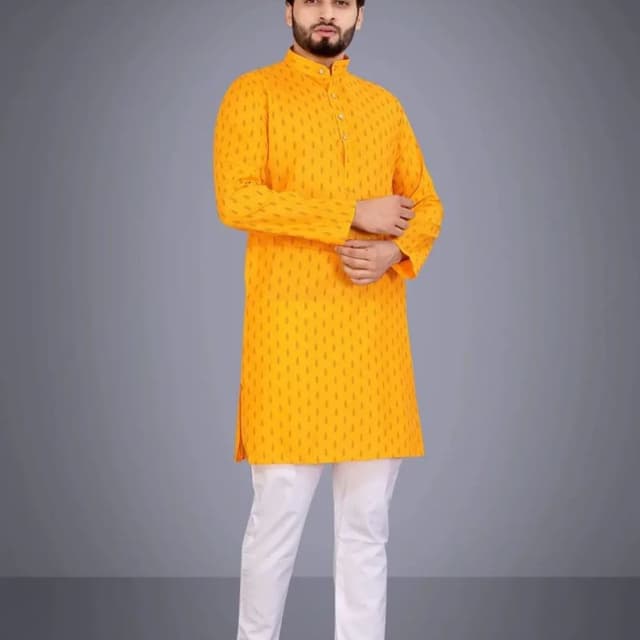 Bright yellow with subtle dark patterns and white trousers Kurta Set