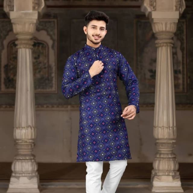 Deep blue with white and subtle multi-colored geometric accents Kurta