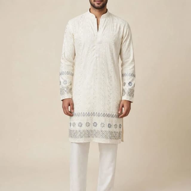 Off-white or cream base with subtle grey/silver accents Kurta